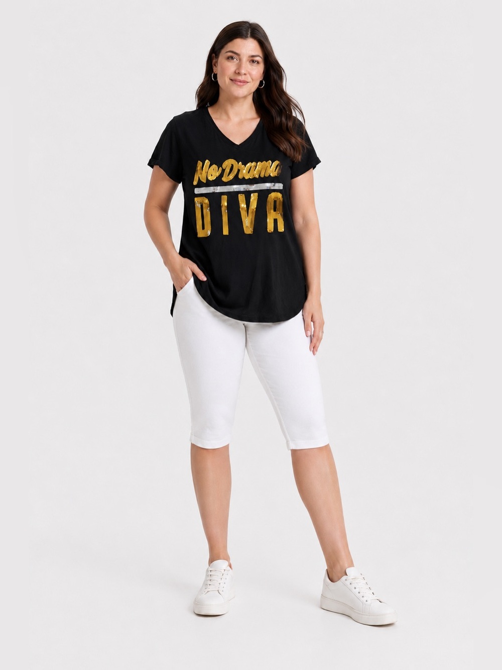 Ashley Stewart No Drama Diva Sequin Graphic Rayon Blend Tunic Top Plus 14/16